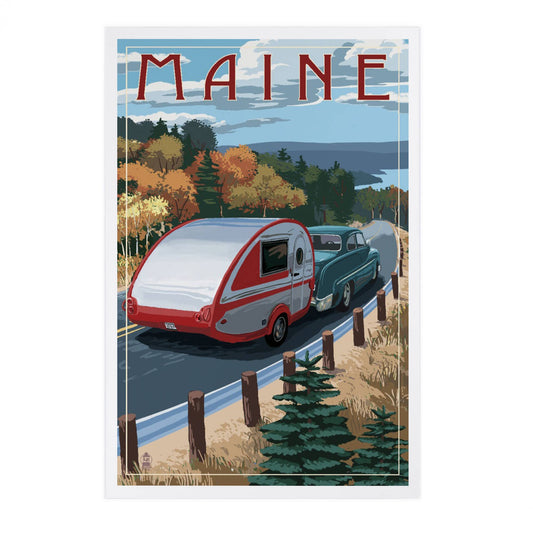 Postcard - Maine - Retro Camper on Road