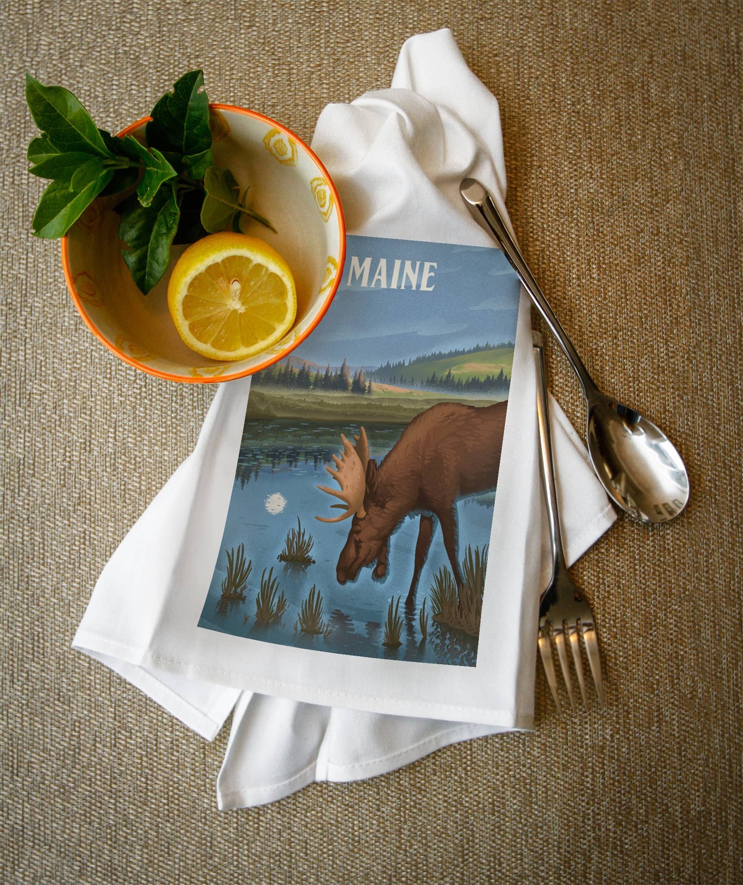 Towel - Organic Tea Towel - Lithograph Reflection Pond & Moose