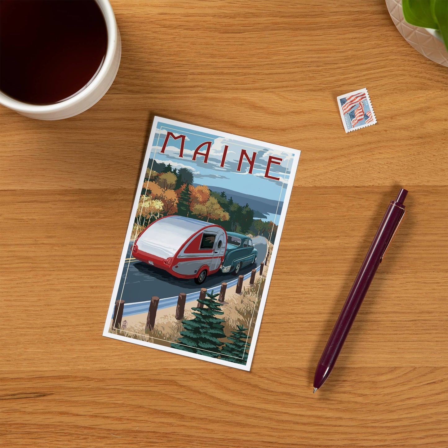 Postcard - Maine - Retro Camper on Road