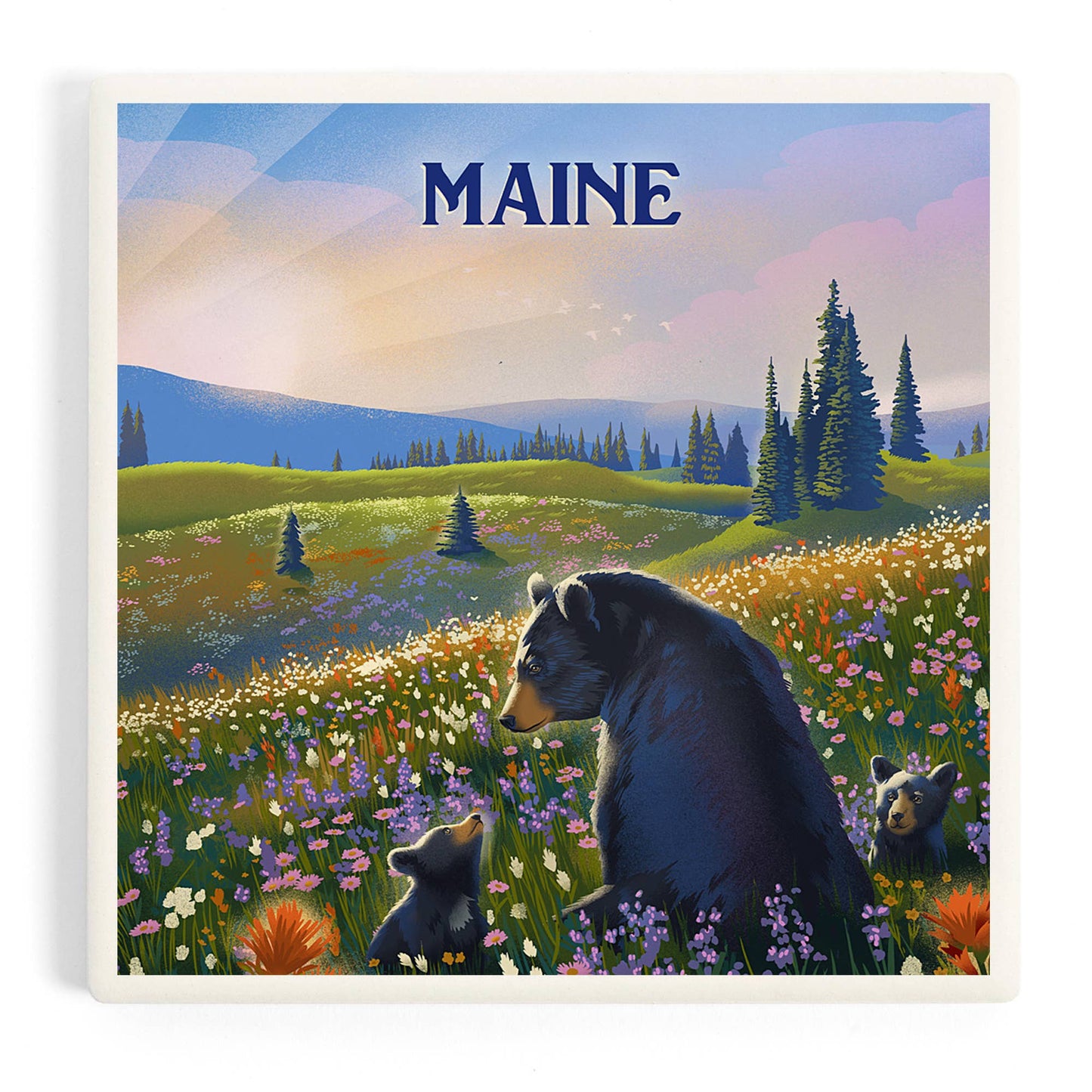 Coaster - Ceramic - Maine - Lithograph, Bear Family in Field